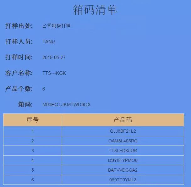 箱码清单页面及六个产品码表格