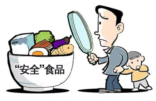 成人拿放大镜看标有安全食品的食品插画