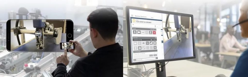 人员手持手机与显示设备图像的电脑屏幕拼图